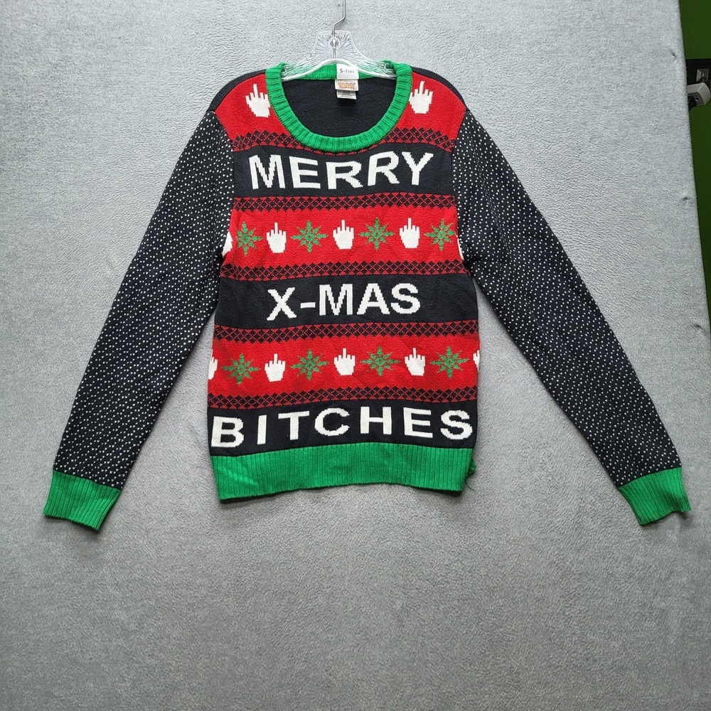 Spencer's Men Sweater L Black Fair Isle Middle Finger Ugly Christmas